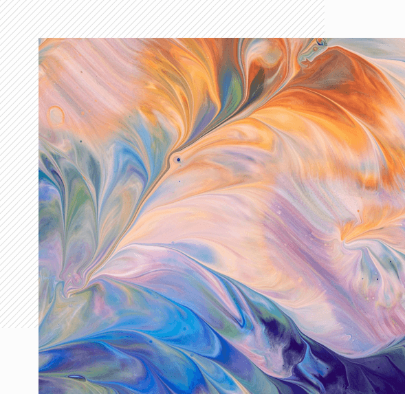 A painting of blue and orange swirls on a white background.